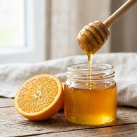 Jar of golden honey with a honey dipper